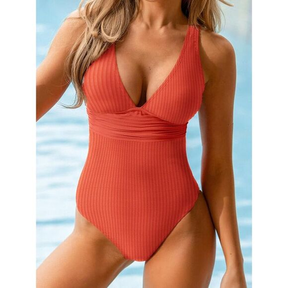 CUPSHE One Piece Swimsuit Wide Straps V Neck Ruched Textured Ribbed Twist Back - Picture 1 of 6